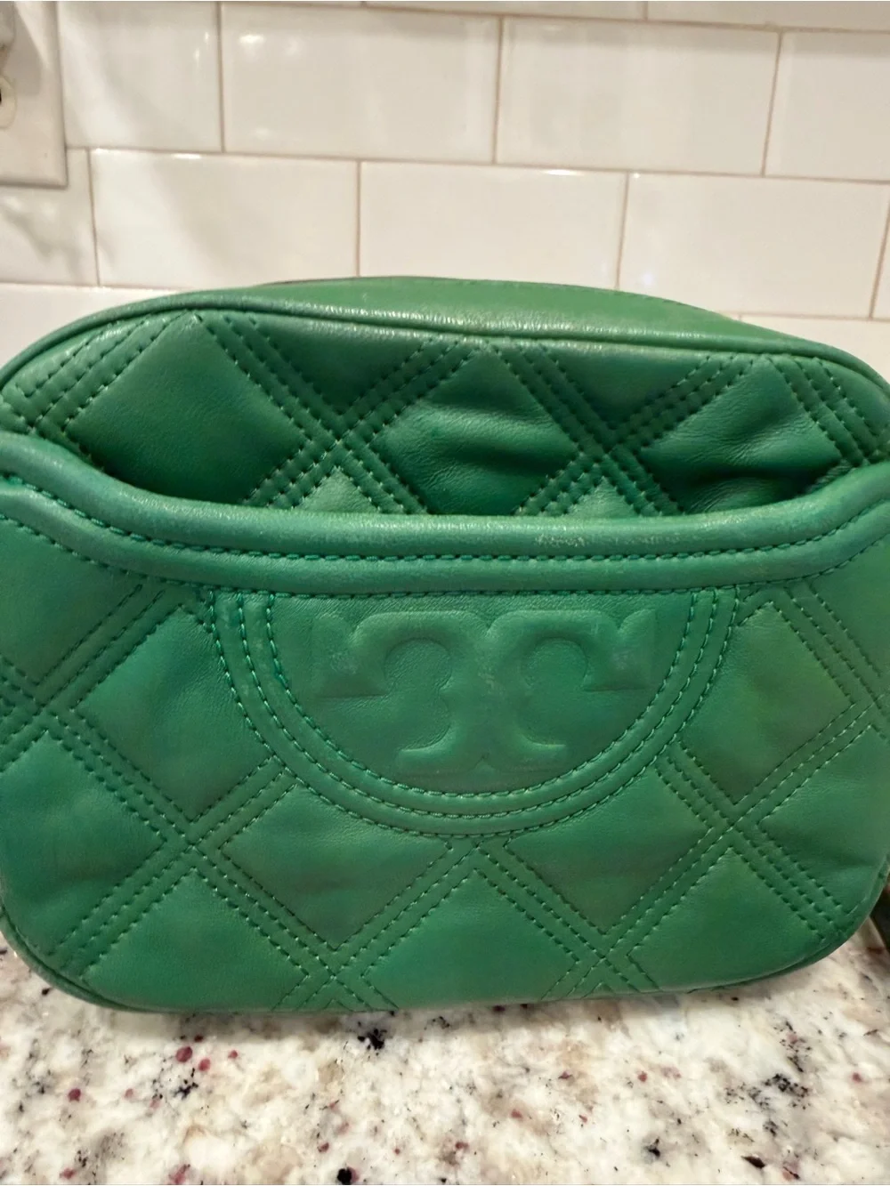 Tory Burch Green Quilted Leather Crossbody Bag with Chain Strap
